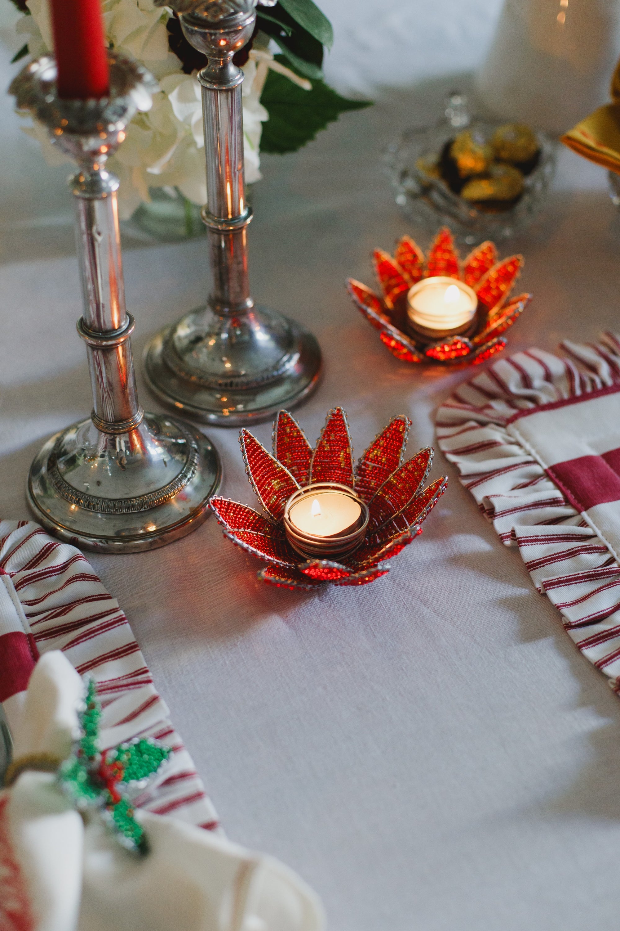 Hand-Beaded Wire Candle Holder — Poinsettia Style